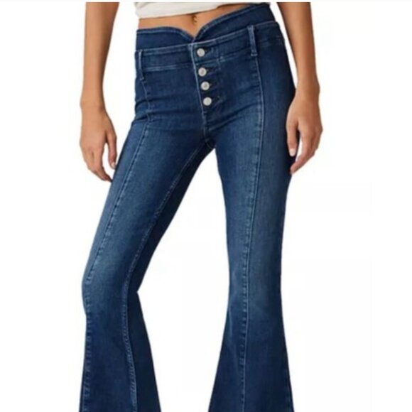 Free People Denim - Free People Women's Indigo Lilibet Mid-Rise Faded Button Fly Flared Jeans